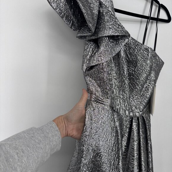 MAC DUGGAL Size 6 Silver Metallic One SHOULDER BOW MIDI BROCADE DRESS 67906 New - Picture 10 of 10